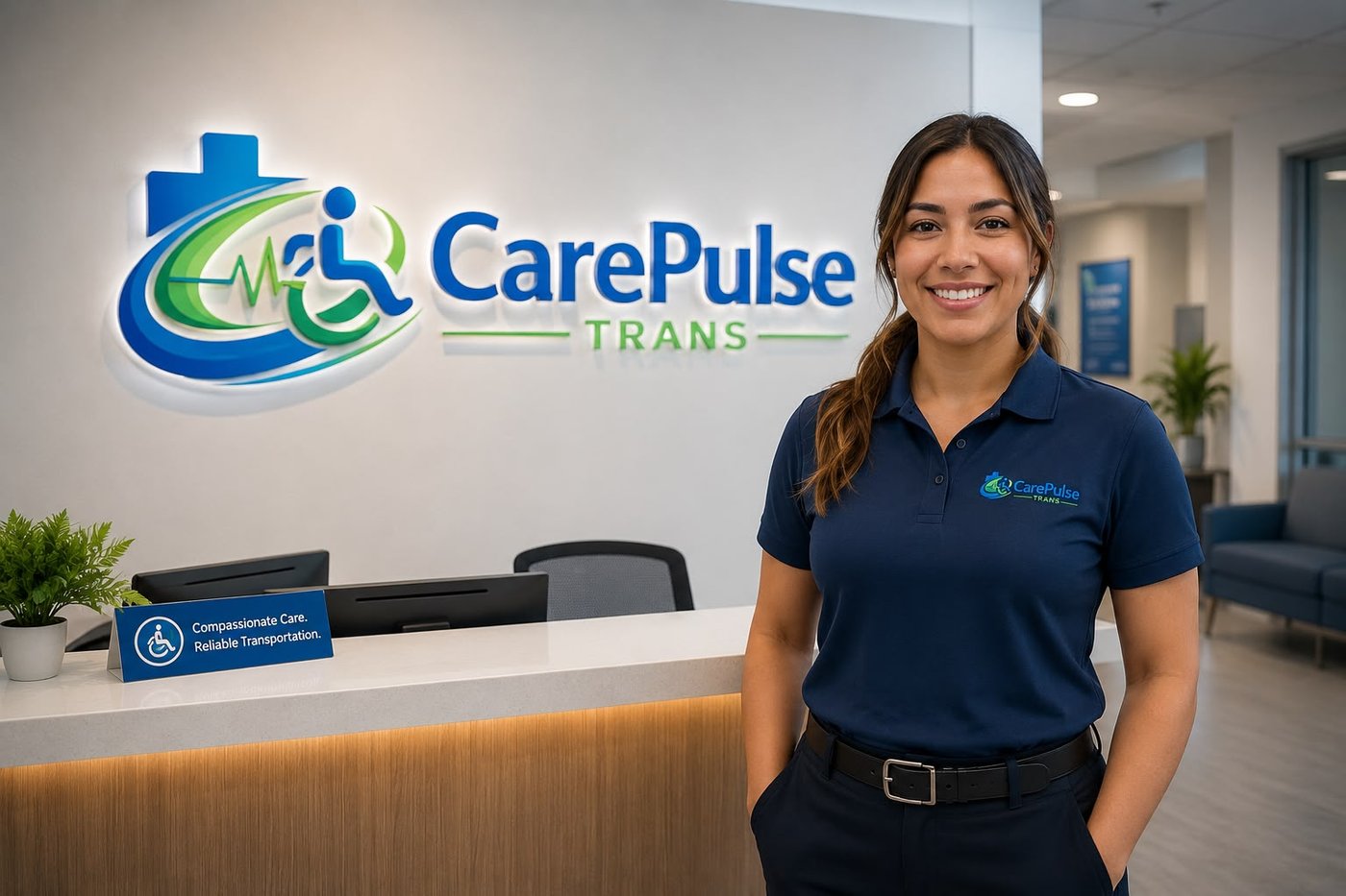 A CarePulse Trans team member welcoming visitors at the front desk