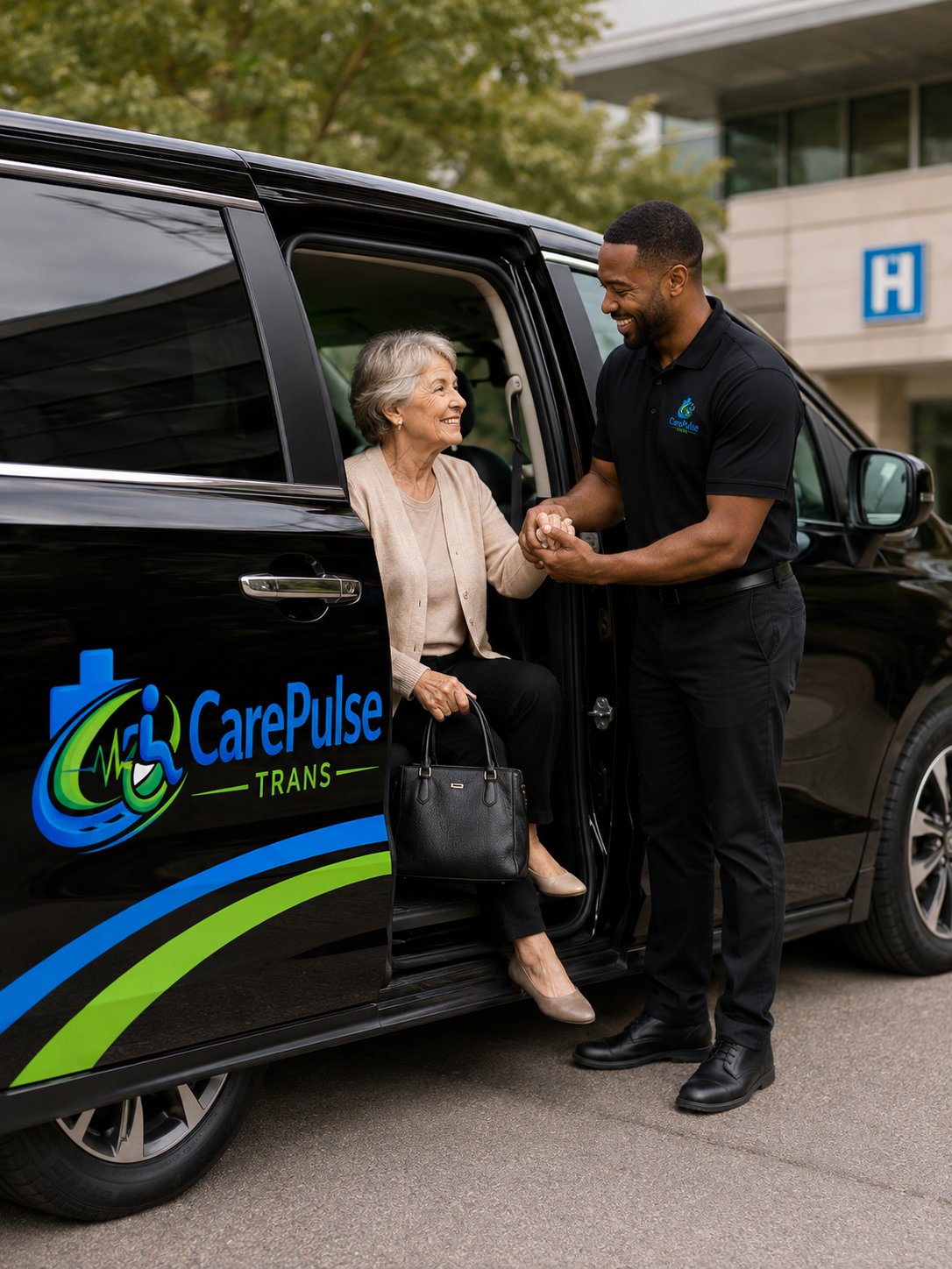 A CarePulse Trans driver helping a senior passenger safely out of a vehicle outside a medical facility