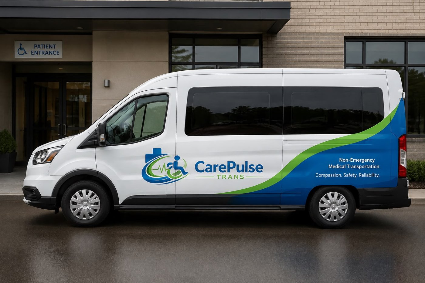 A white CarePulse Trans van parked at a hospital patient entrance